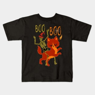 Halloween Skeleton Riding Red Cat Boo Boo Kids T-Shirt